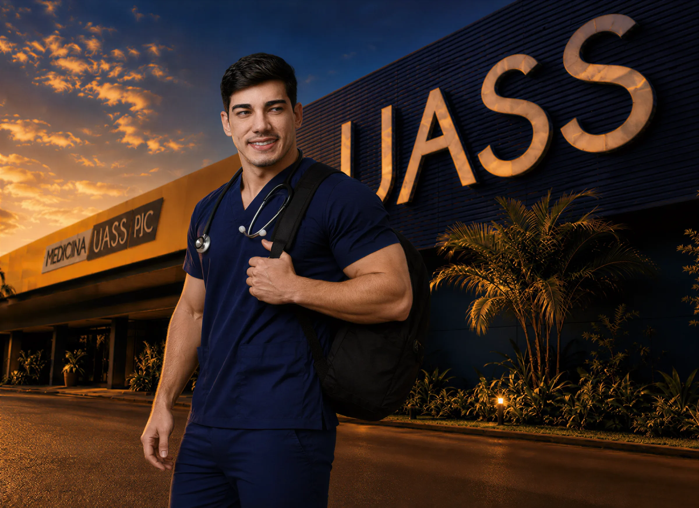 Aluno de Medicina diante da sede da UASS-PJC