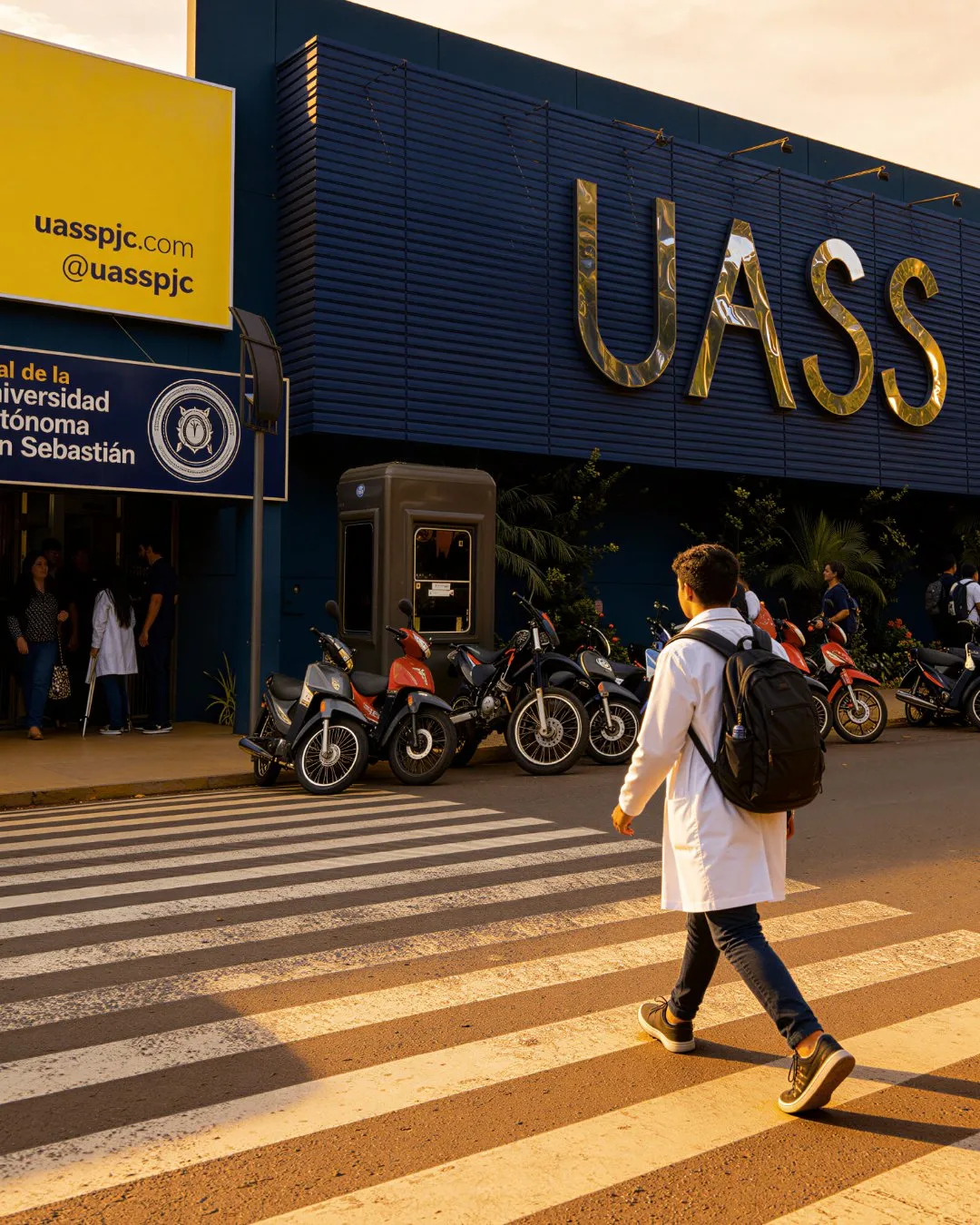 Alumno con bata cruzando la calle frente al edificio de la UASS en Pedro Juan Caballero