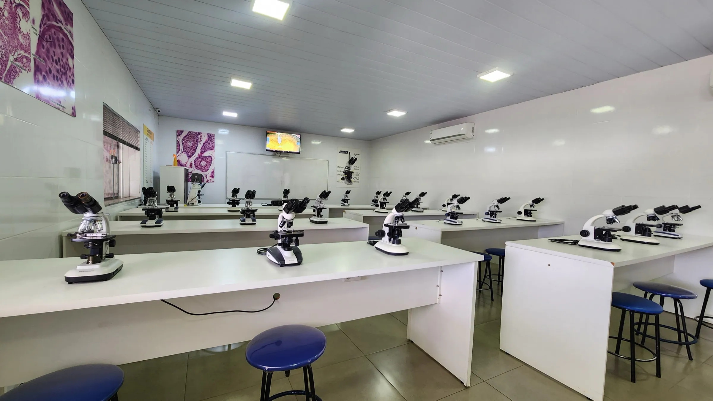 Laboratorio de microscopía de la UASS-PJC, con filas de mesadas blancas, microscopios y afiches de histología