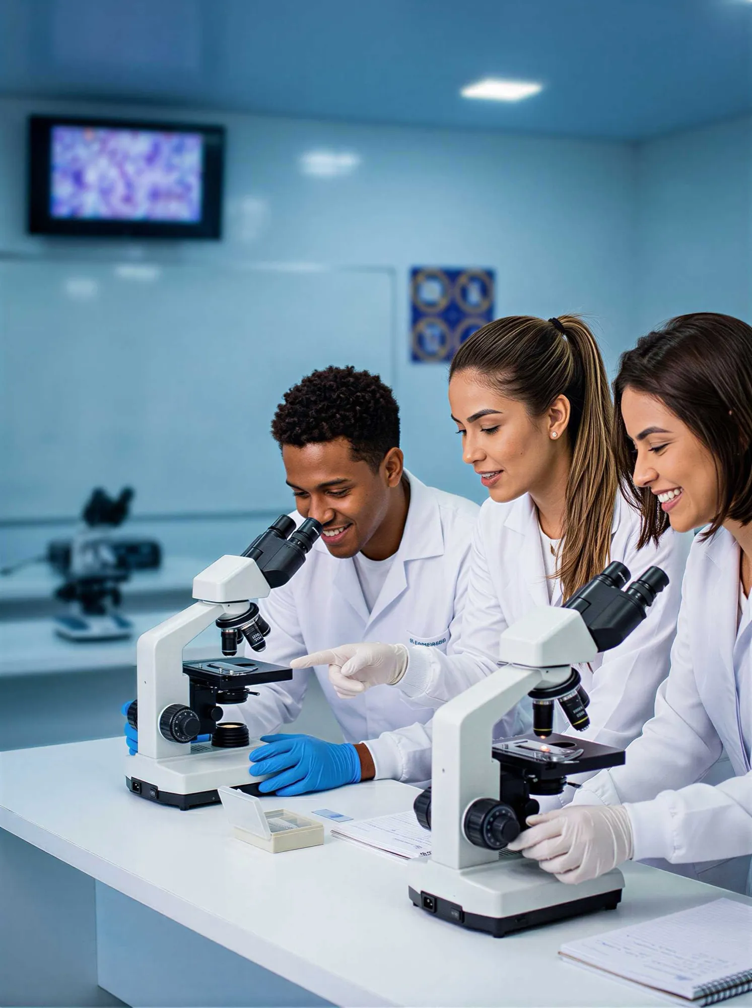 Três estudantes trabalhando em bancada de microscopia